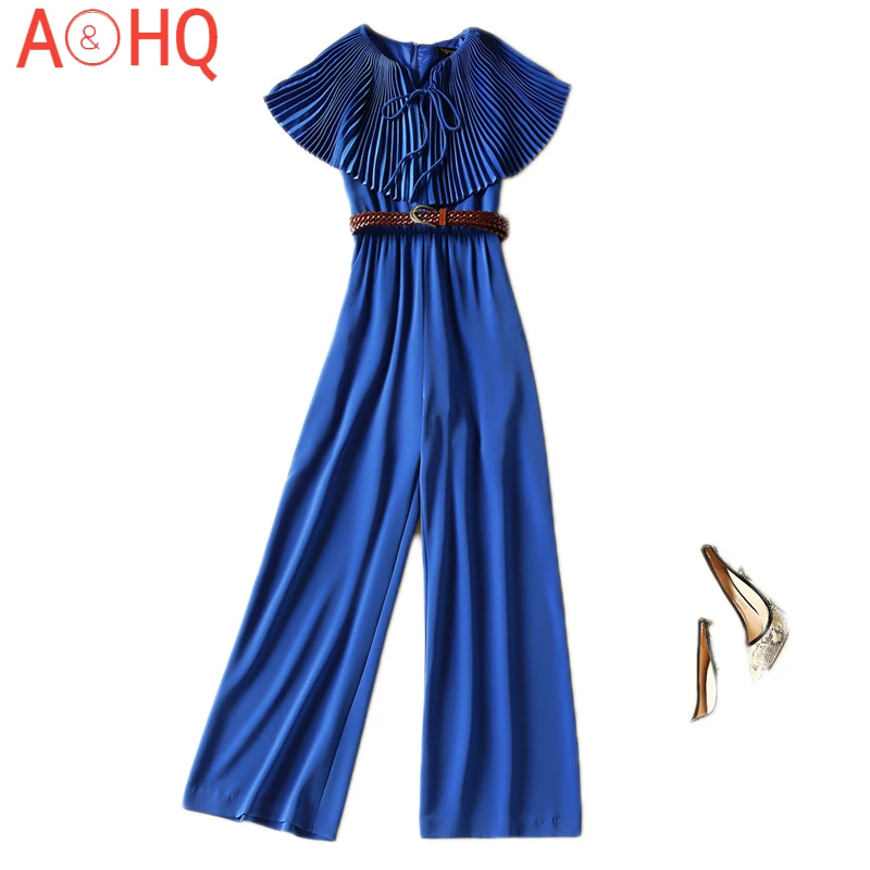 

Rompers Runway Summer New Fashion Women'S Party Elegant Vintage Chic Office Casual Pleated Ruffle Belt Trousers Jumpsuits