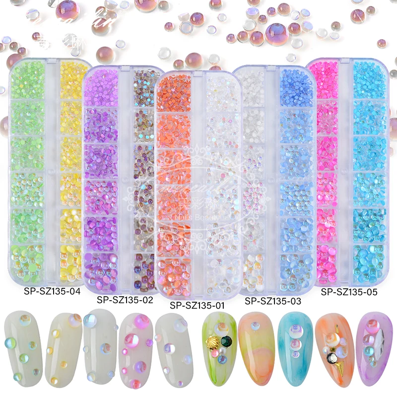 

12 ячеек, Аврора, искусственные русалки, бусины для ногтей, разные размеры, стеклянные стразы, алмазная плоская задняя сторона, круглые украш...