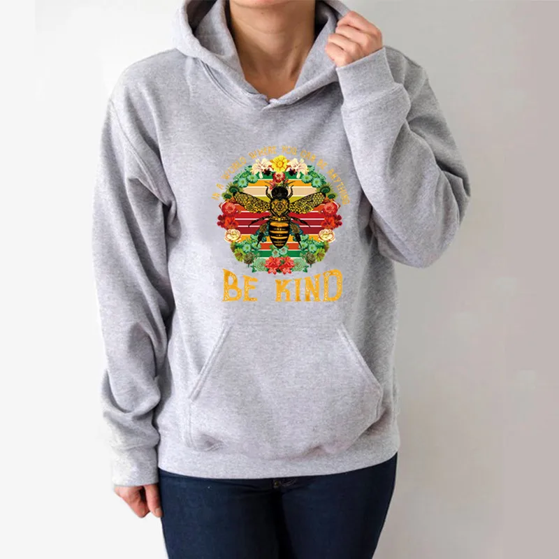 

Bee Flower Printed Hoodies Women Fleece Long Sleeve Loose Sweatshirt with Hat Girls Women Hoodie Pullovers Winter