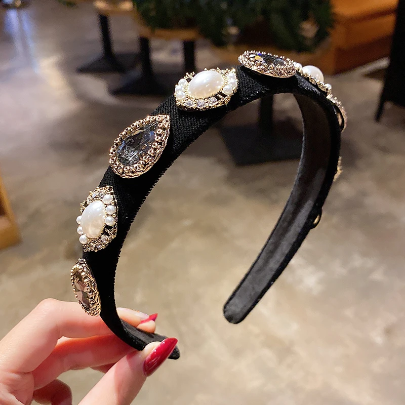 

2 Styles Wide Headwear Black Hair Accessories Women Luxury Baroque Sparkly Padded Rhinestones Headbands Full Crystal Hairbands
