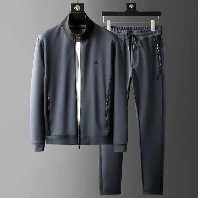 

Light luxury high-end sports suit men's spring and autumn comfortable four side elastic cloth crown embroidered collar two piece