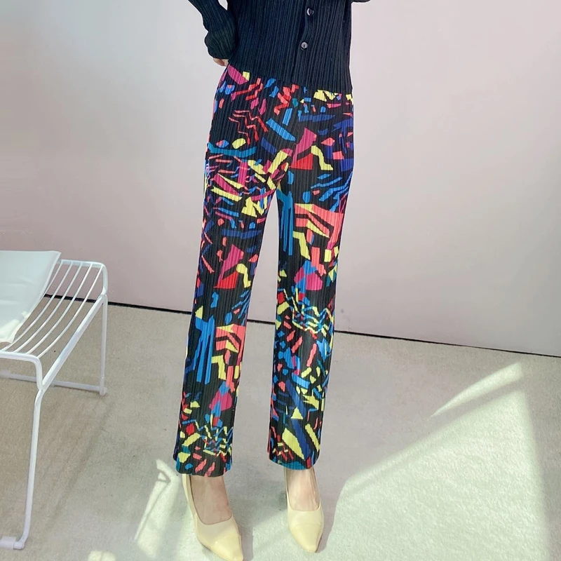 Changpleat Holiday Series Women's Straight Pants Miyak fold Spring 2022 new fashion plus size printing slim pencil pants