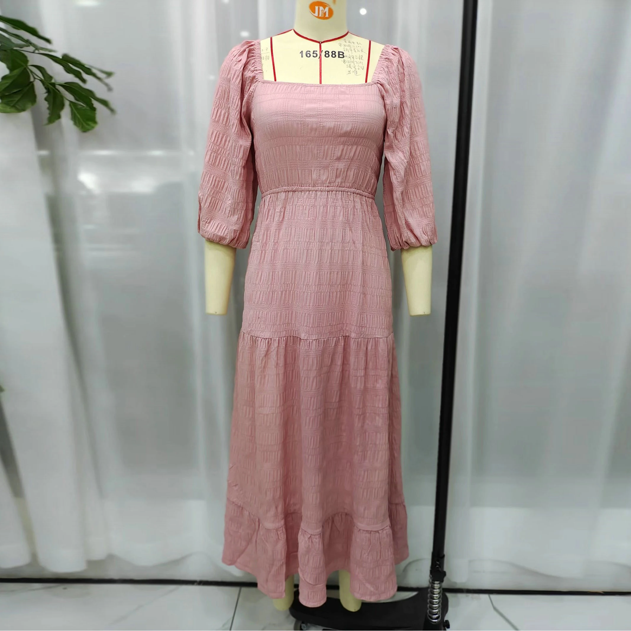 

Spring Women Pink Dresses Ruched Back Knotted Design Square Neck Three Quarter Bishop Sleeve Ankle Length One Piece Robe Romatic