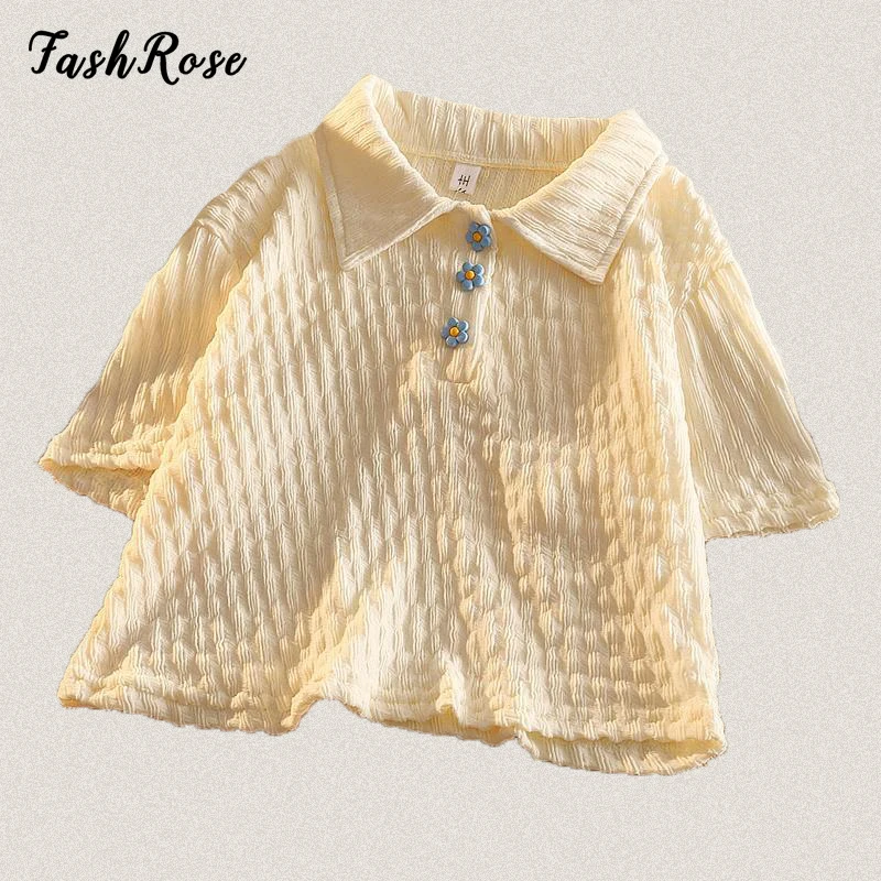 

FASHROSE Floral Button Sweet 2000s Y2K Crop Tops Ruched Short Sleeve Turn Down Collar Cute Slim T Shirts Soft Girl Simple Tee