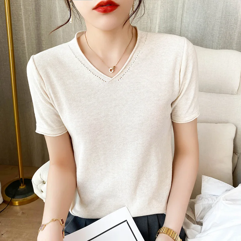 

2021 Summer New Pure Cotton Thread Thin Knit Short-Sleeved Women's T-Shirt Fashion V-Neck Wild Loose Half-Sleeved Base Short Top