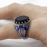 black agate ring for men 925 sterling silver vintage natural gem stone with blue enamel ring punk turkish handmade jewelry gift