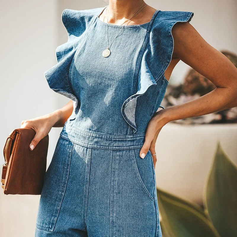 

Women Summer One-Piece Jumpsuits Denim Overalls Fashion Jumpsuits Sexy Backless Ladies Jumpsuit M