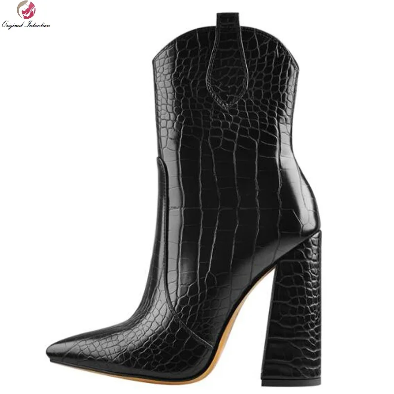 

Women Ankle Boots Super High Heels Pointed Toe Square heel Zipper Botas Original Intention Females Boots Shoes Large Size 35-44