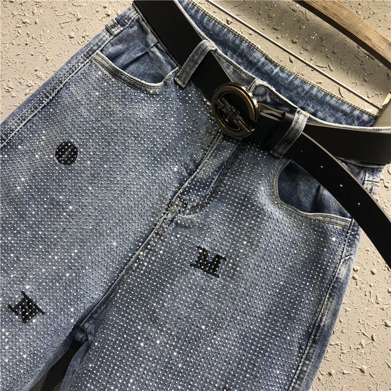

New Spring Fashion Diamond Letter Embroidered Jeans Women Loose Ankle Length Harem Pants Femme Long Trousers