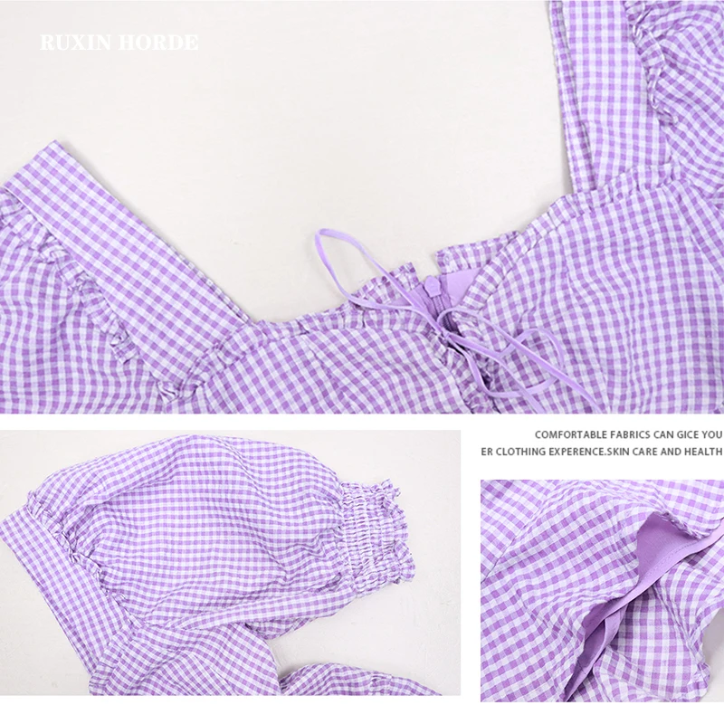 

Vintage Mini Dress Square Collar Hubble-Bubble Sleeve Female Summer Draw String Section Tall Waist Design Feeling Temperament