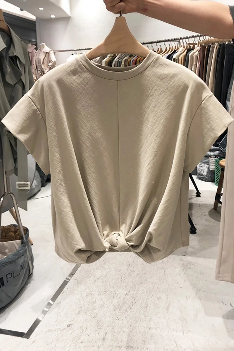 

Korean Solid Color Summer Short-Sleeved Tshirt Femme 2021 Summer New Trend Cross Twist Casual T-shirt Women Top Harajuku Clothes