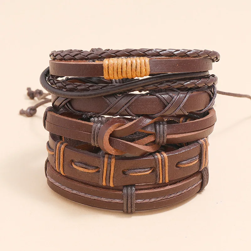 

AJC Punk braided 5 piece brown leather bracelet set men's accessories DIY combination multi-layer bracelet