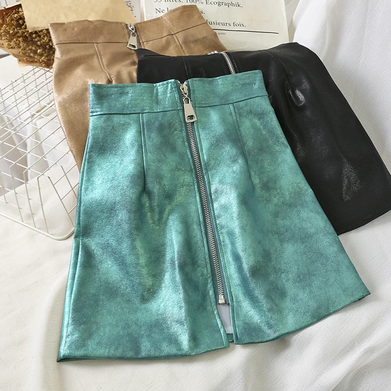 Женская Кожаная мини юбка на молнии коричневая и черная с высокой талией двумя