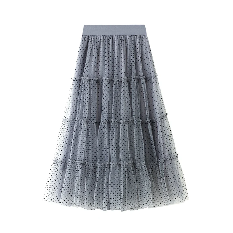 

Vintage Women Polka Dots Tutu Midi Skirt Elastic Waist Double Layered Mesh Pleated Prom Party A-Line Skirts