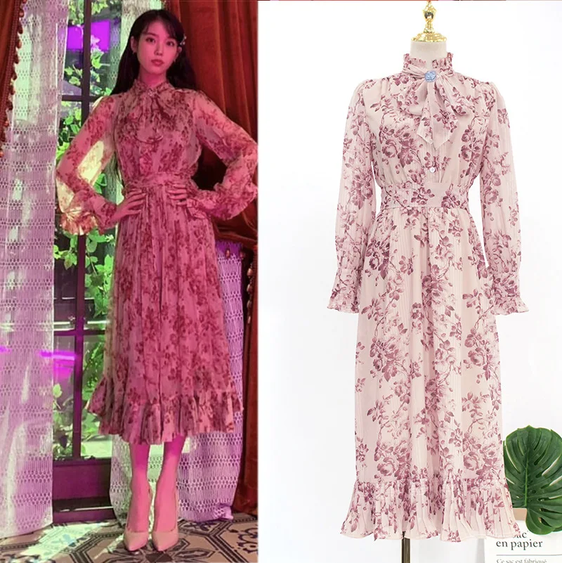 

kpop IU Lee Ji Eun same summer new pink Fashion loose elegant dress Women Evening party temperament Bow-knot Long Sleeve dresses