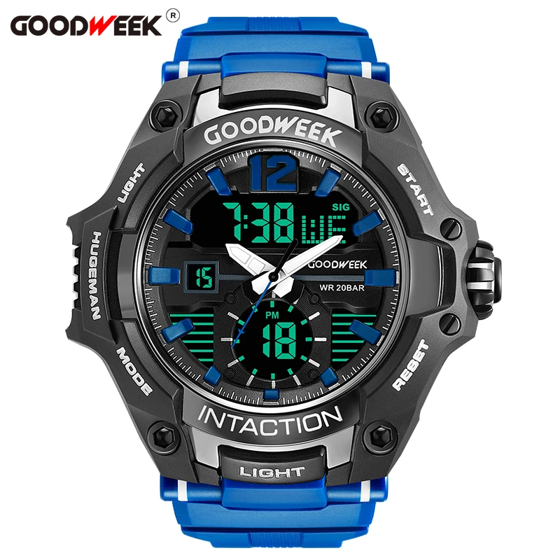 darkblue GOODWEEK спортивные часы с большим циферблатом для мужчин, водонепроницаемые цифровые кварцевые часы с Led двойным дисплеем, часы с хронографом, Relogios Masculino - Цвет: darkblue