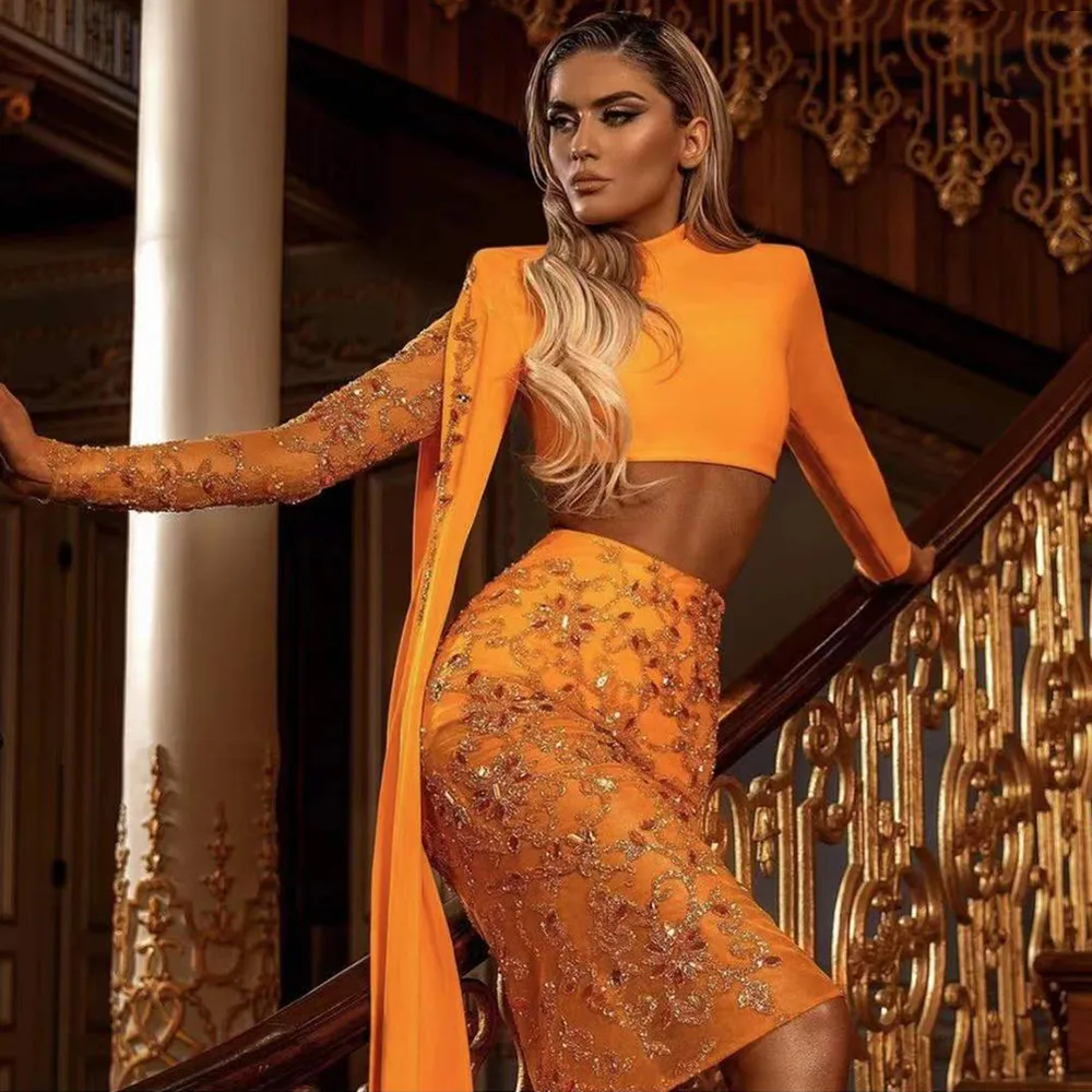 

Summer Fashion High Quality Orange Long Sleeve Two Piece Sets Evening Party Elegant Set Dress