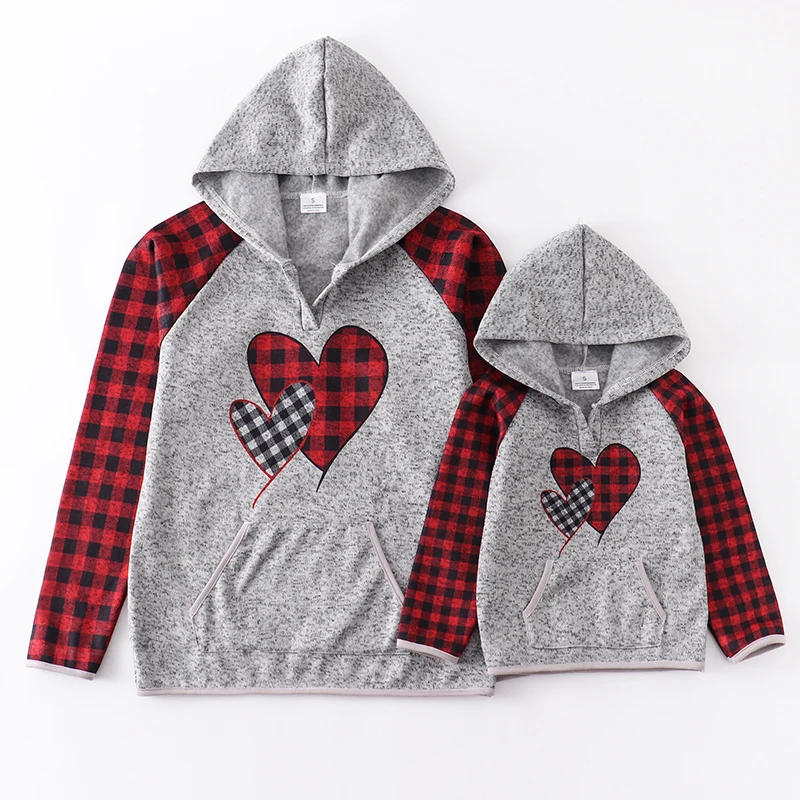 Girlymax Valentine's Day Baby Girls Mommy &ampMe Long Sleeve Plaid Gingham Patchwork Hoodie Top Boutique Kids Clothing | Мать и