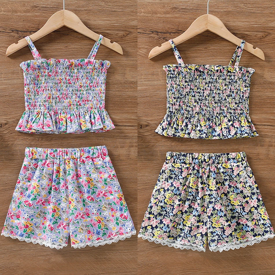 

Летний яркий комплект одежды для девочек, эластичный топ на бретелях + кружевные шорты с цветами, детская повседневная одежда принцессы JYF