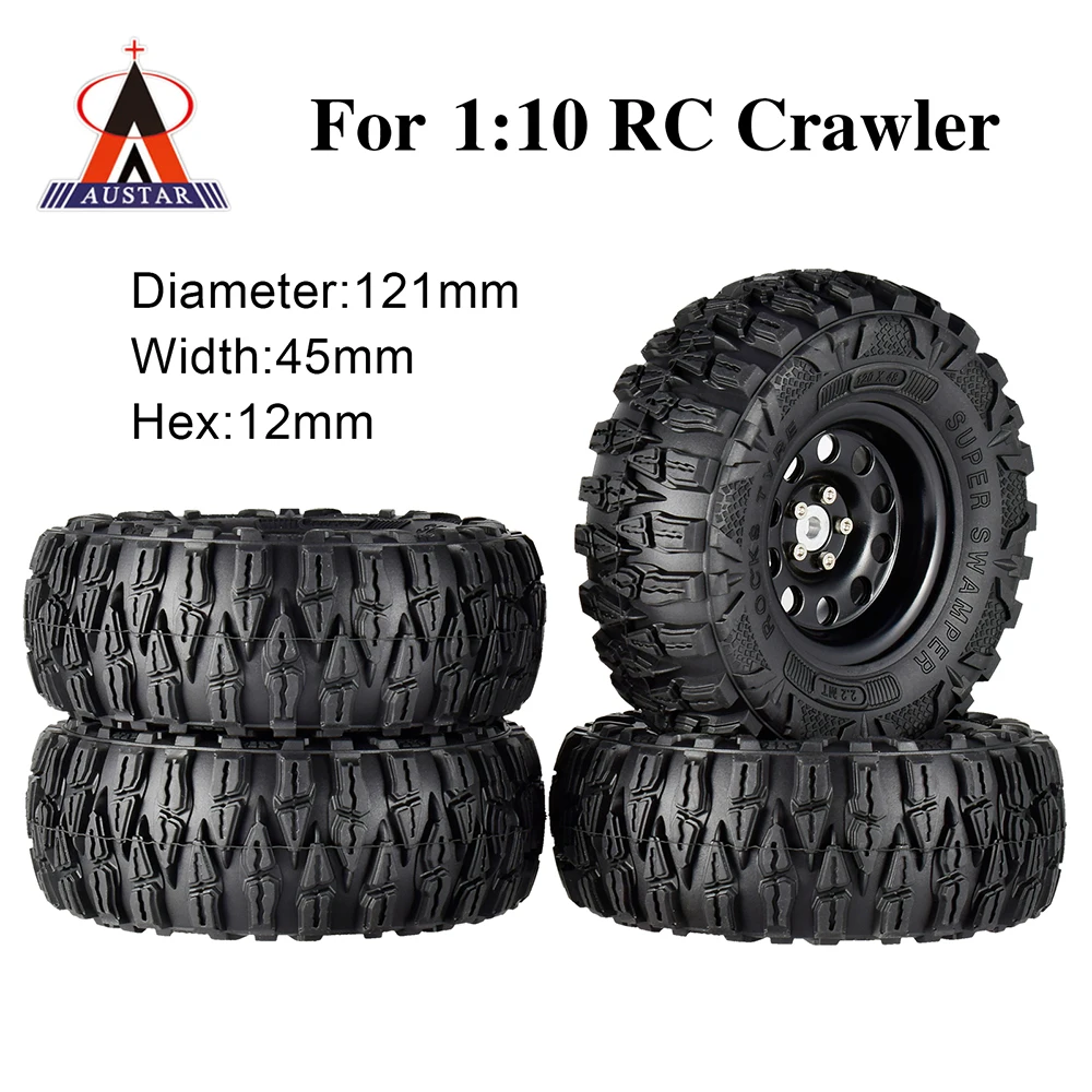 4PCS 2.2 Inch Rubber Tyres & Black Metal Beadlock Wheel Rim for 1:10 Axial SCX10 Traxxas TRX-4 RC Rock Crawler RC Car DIY Parts