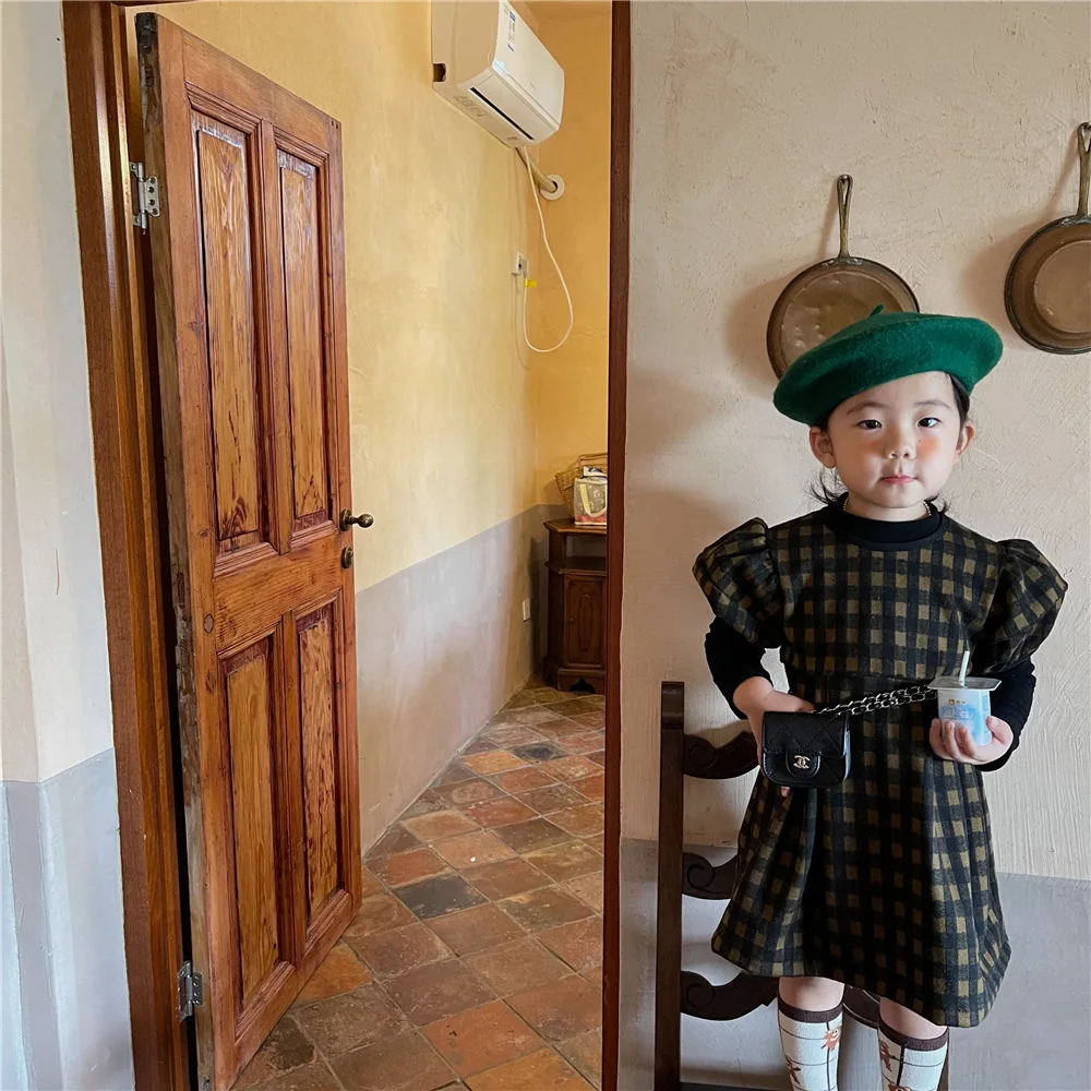 

Детская одежда, осень 2021, платье в Корейском стиле, детская юбка в западном стиле с пышными рукавами для маленьких девочек, новое платье прин...