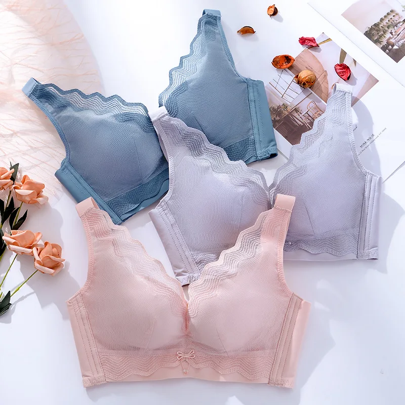 

2021New Lingerie Soft latex cotton Wire Free Brassieres Simple lace large shoulder strap ladies bras Seamless back bra