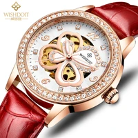 wishdoit ladies mechanical watch diamond face dial waterproof luminous four leaf clover quartz elegant watch girl reloj mujer