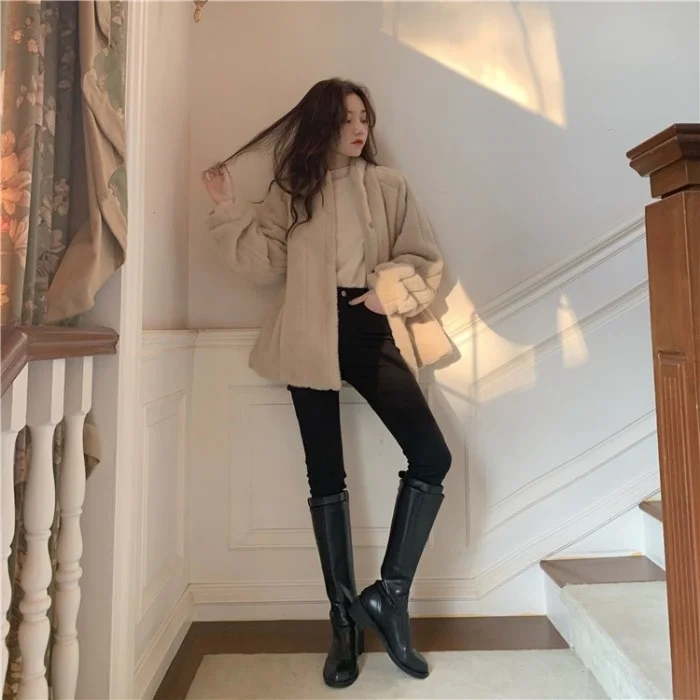 Меховое плюшевое пальто с воротником-стойкой Осень-зима теплый свободный