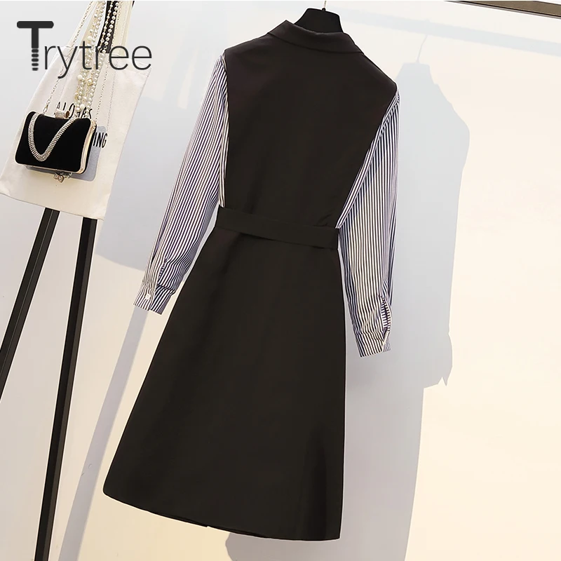 Осенне зимнее женское платье в полоску с отложным воротником и поясом|Женские