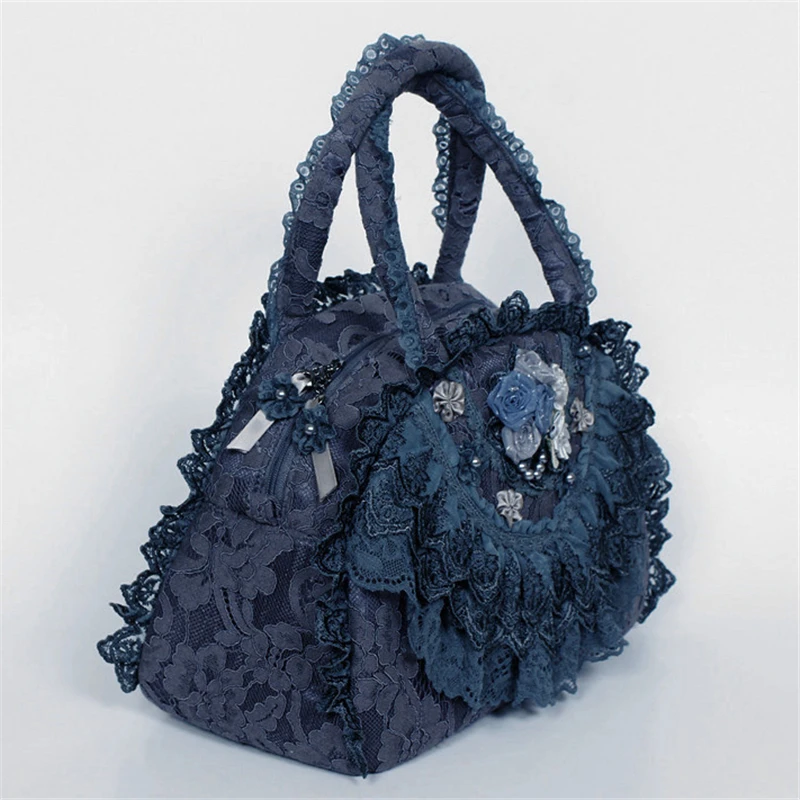 

Women Totes Lace Bags Floral Lolita Blue Bags 2019 New For Women Bride Wedding Bags Gothic Handmade Vintage Evening Party Bags
