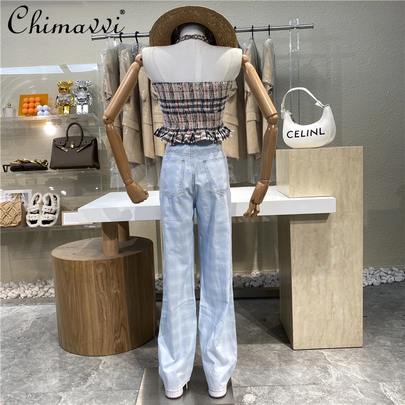 

Color Matching Plaid High Waist Straight Jeans Fashion Women Loose Wide Leg Denim Pants Female Straight Casual Blue Trousers