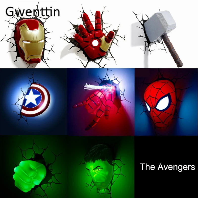 Marvel The Avengers настенный светильник Железный человек Человек-паук Халк Капитан Америка Супергерой бра 3D лампы Рождественский подарок на день рождения детей