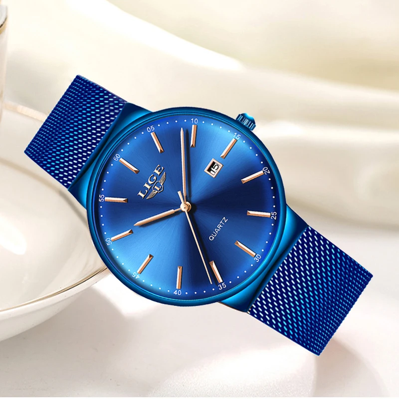 

Часы наручные LIGE женские кварцевые, брендовые люксовые аналоговые модные с синим сетчатым браслетом, с ультратонким циферблатом и датой