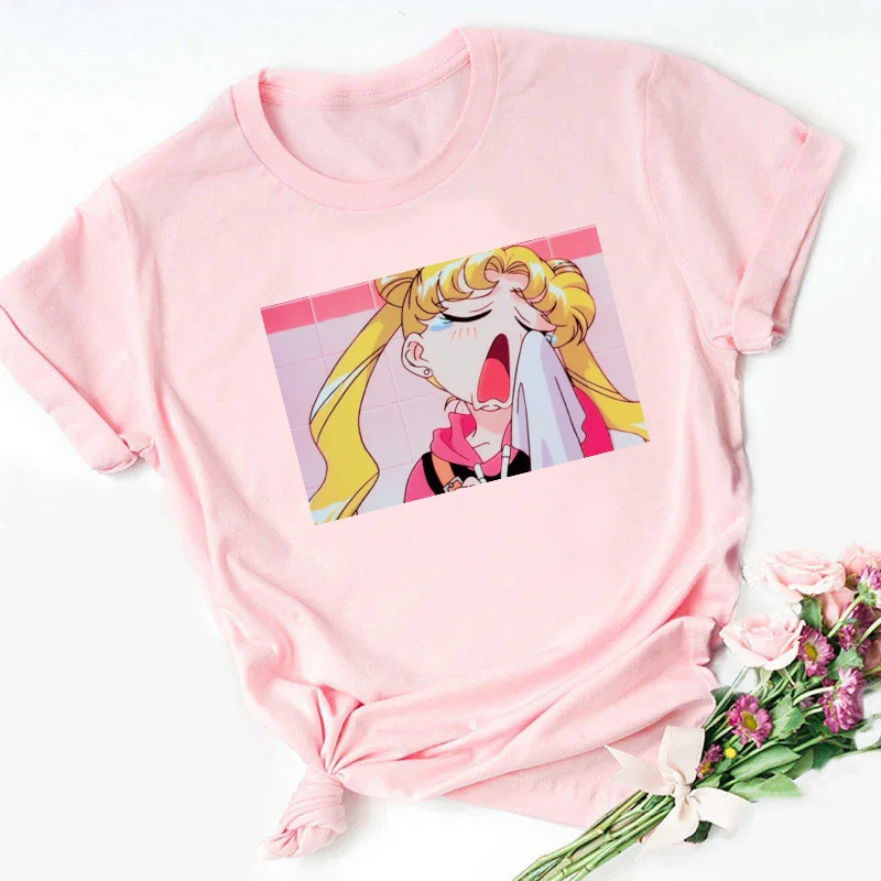 

FIXSYS Harajuku Ullzang Pink Tshirt Sailor Moon 90s Funny T Shirt Aesthetic Cat Anime Women Female T-shirt Kawaii Tops Tee