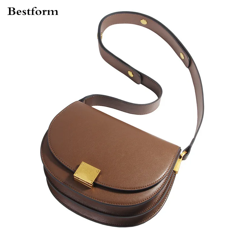 2020 New Women Leather Bag Horseshoe Buckle Retro Cowhide Lady One Shoulder Saddle Bag Slanting Half Round Bag