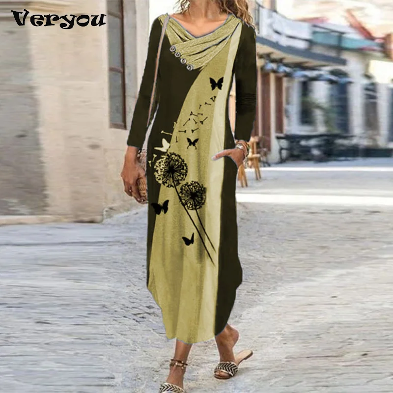 

Patchwork Dresses For Women Loose Print Casual Dress Stitching Button fashion Long-sleeved Dress Ladies Butterfly Print Dress