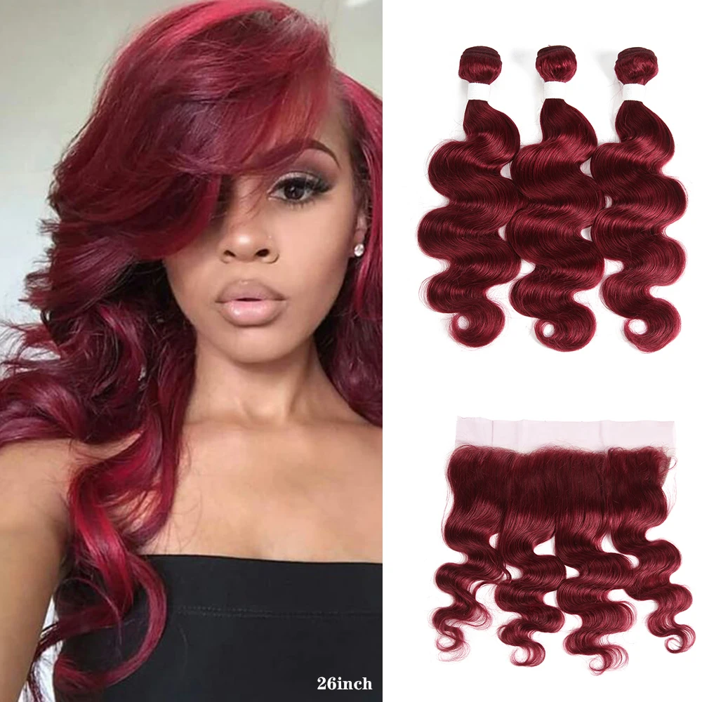 

99J/Burgundy Body Wave Human Hair Bundles With Frontal 13x4 KEMY Brazilian Red Color Hair Bundles With Closure Non-Remy Hair