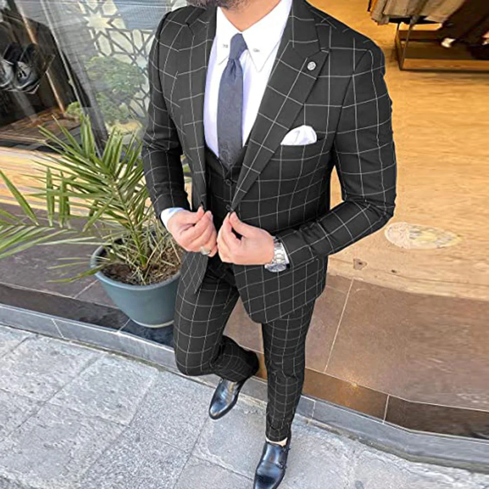 

Классическая формальная одежда для жениха 2021, деловые мужские костюмы, 3 предмета, жакет, брюки, черный клетчатый пиковый отворот, свадебный ...