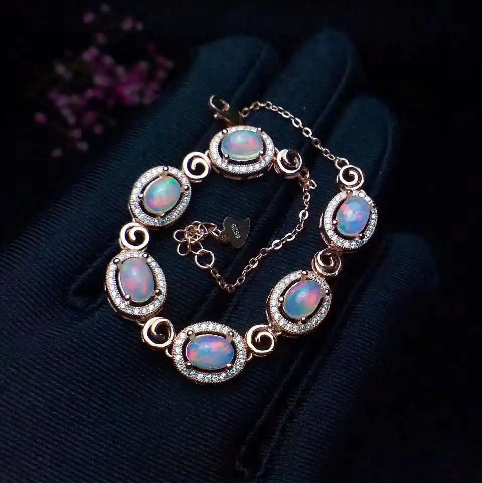 Натуральный опал браслет твердый S925 стерлингового серебра для женщин Цвет