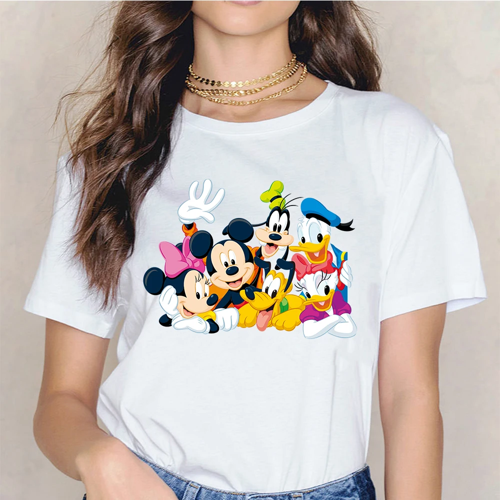 

T-shirt Women's Clothes Disney Mickey Minnie Funny Donald Duck Cartoon Printing White Harajuku Style Cute Tee Shirt Femme Loose