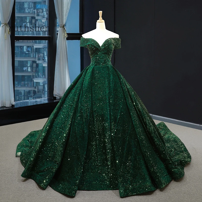 

Gorgeous Sequin Evening Dress Long Off The Shoulder Emerald Green Women Formal Pageant Prom Gowns
