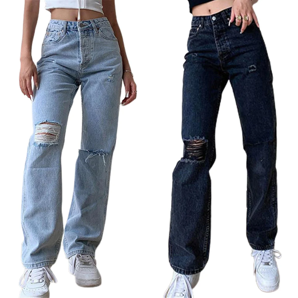 

Модные рваные джинсы Steetwear со средней посадкой и широкими штанинами, женские повседневные джинсы с дырками, свободные Стрейчевые брюки, вин...