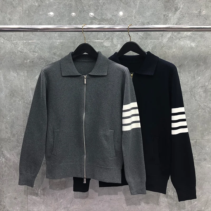 

THOM TB Sweater Fashion Brand Custom Wholesale Coat Classic White 4-Bar Stripe Zip-up Turn-down Collar Cardiagan Coats