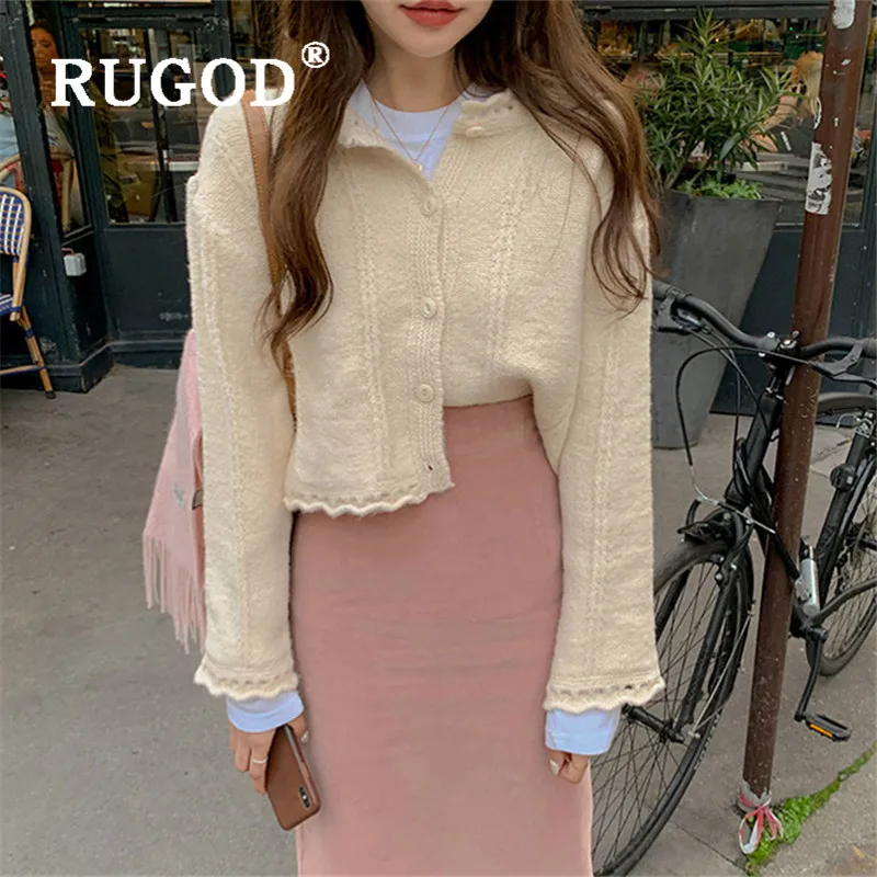 RUGOD однотонный Укороченный кардиган, ажурный свитер, женские свитера, Зимние Топы для женщин, вязанная модная одежда Kpop