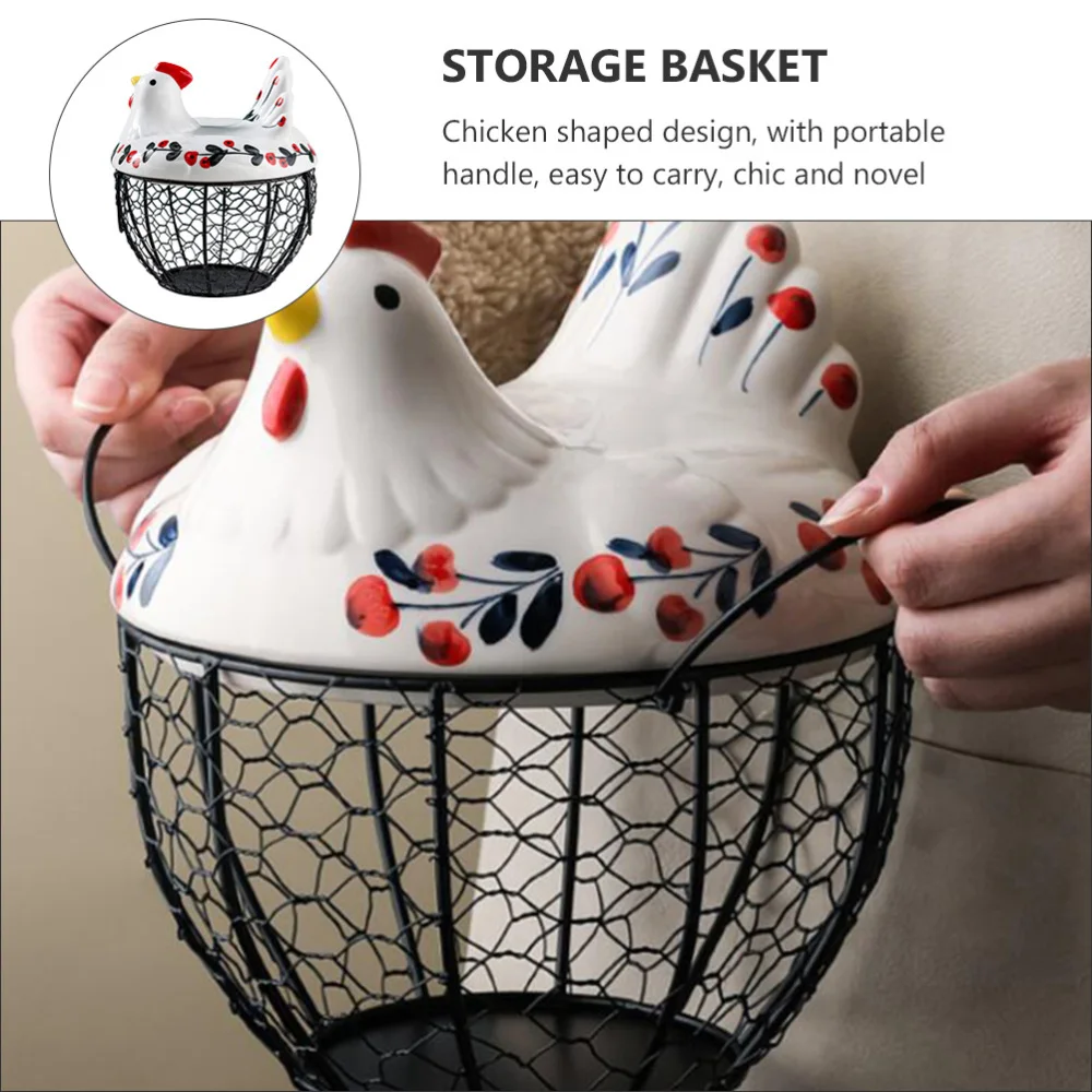 

1pc Metal Wire Egg Storage Basket with Ceramic Chicken Cover (Assorted Color)