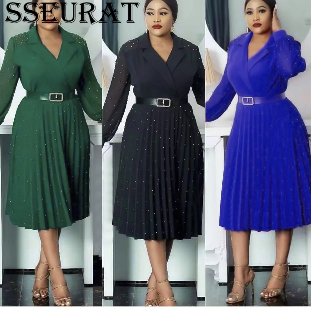 

SSEURAT Office Ladies African Pleated High Waist A Line Mid Calf Elegant Business Work Wear Dress Vestidos