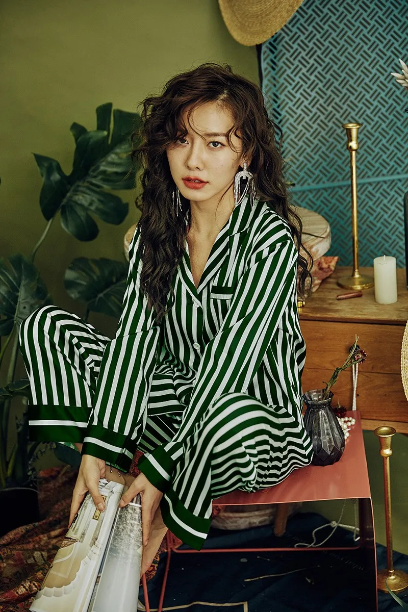 

Stripe Lapel Pajamas Sleepwear Loose Satin Female Pyjamas Suit Sexy Long Sleeve Home Wear Women Spring New Casual Sleep Set