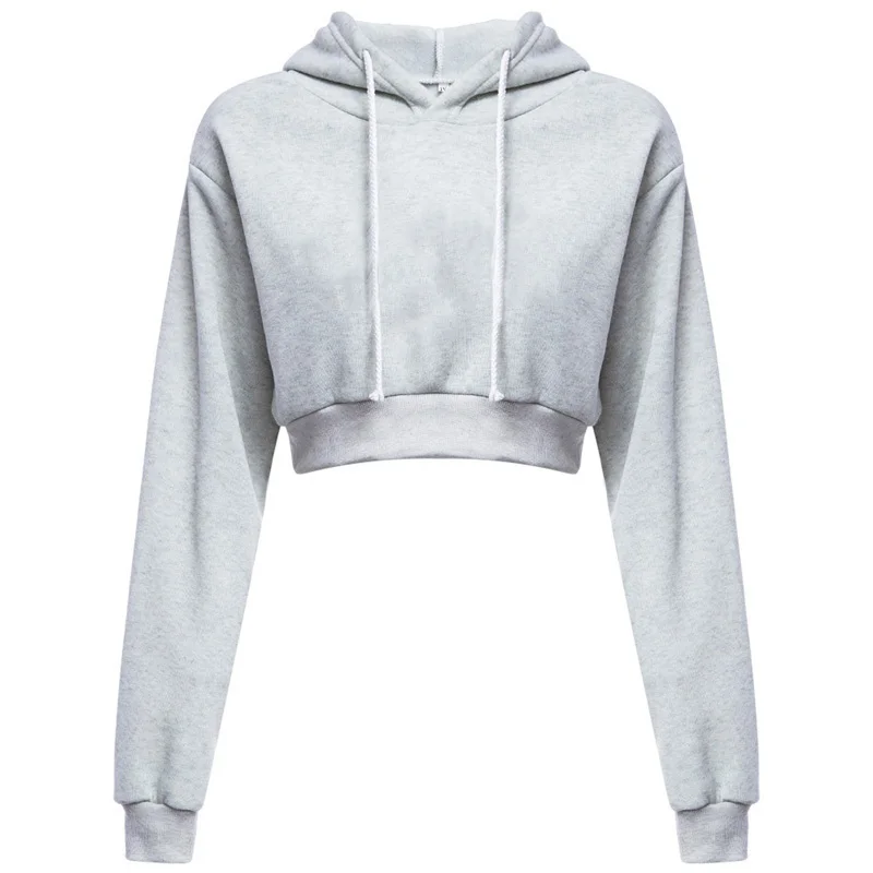 Ladies Spring And Autumn Sweater Hoodie Women's Top Fashion Women Long-sleeved Solid Color Short  Cropped Hoodie images - 6