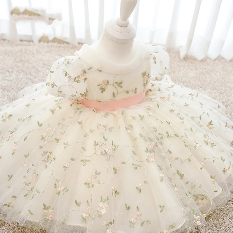 Vestido con lazo para bebé, trajes de primer cumpleaños, bordado de flores, Princesa, fiesta, boda, blanco, primera comunión