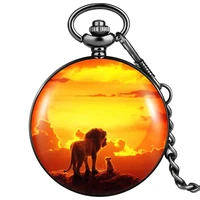 lion king personality pattern at dusk male cool black quartz pocket watch clear digital dial flip top alloy pendant gifts